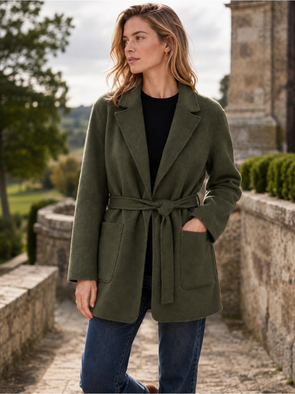 J.Crew Boiled Wool Wrap Coat Forest Green Belted XS